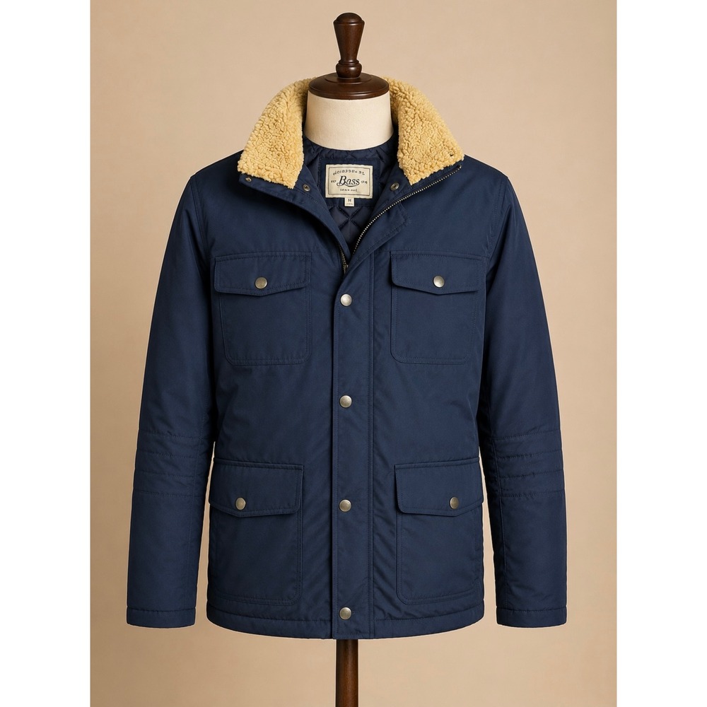 GH Bass & Co Navy Blue Sherpa Quilted Utility Field Jacket Cozy Equestrian